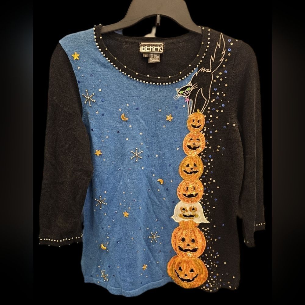 Vintage Berer Bejeweled Sequin Cat And Pumpkin Halloween Sweater 3/4 Sleeve SM